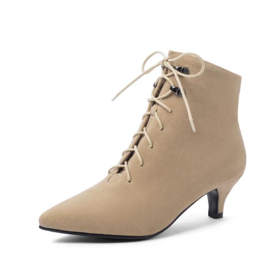 Petite Pointed Toe Lace Up Suede Low Heel Booties MS275 - AstarShoes