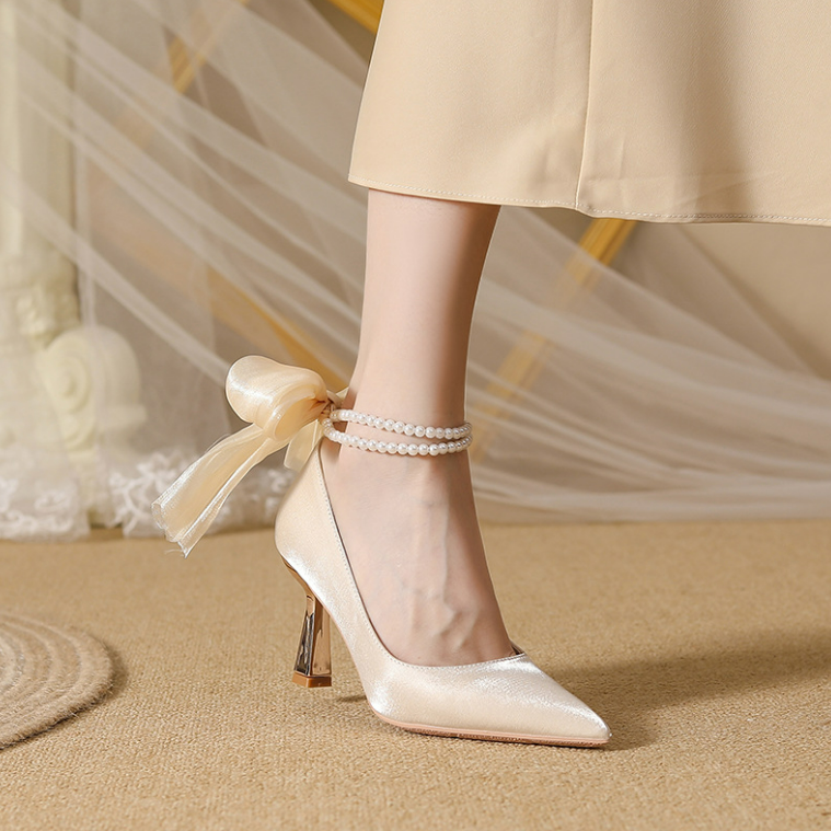 Petite Feet T Strap Satin Heels With Rhinestone Bow MS306