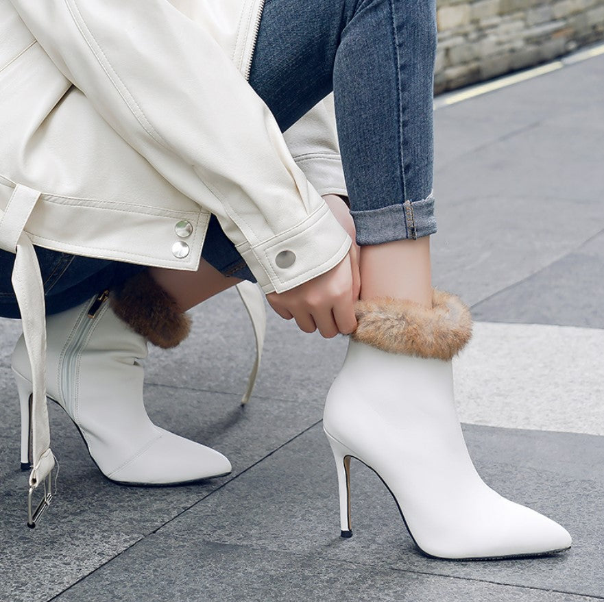 Pointed Toe White Heeled Boots Small Feet Pointy High Heel Boots DS375