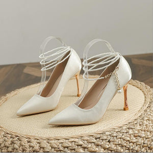 Beige Silk Satin Metal Heel Dress Pumps For Small Feet MS270