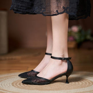Lace Mesh Ankle Strap Heels For Petite Feet ES120