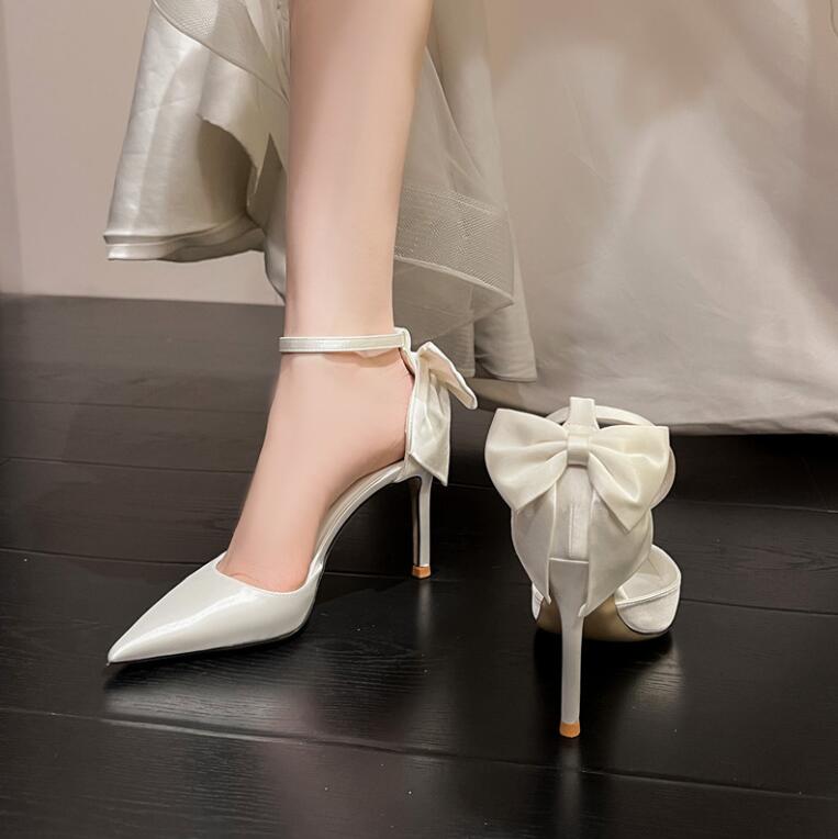 Petite Ankle Strap White Satin Heels With Back Bow Tie MS235