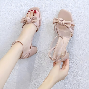 Petite Chunky Heel Ankle Strap Sandals With Bow Tie TS423