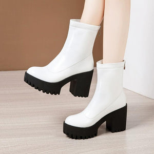 Petite Chunky Heel Back Zipper Patent Boots AP156