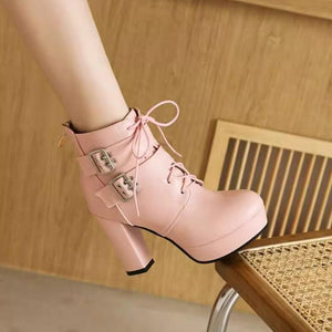 Petite Chunky Heel Platform Lace Up Short Boots TS84