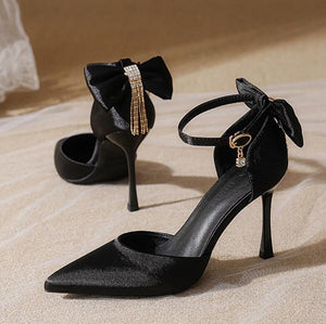 Petite Feet Ankle Strap Satin Heels With Bow Tie ES107