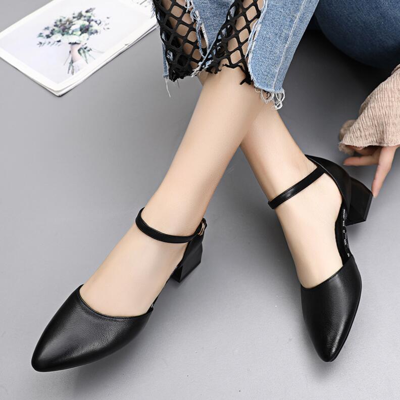 Petite Feet Block Low Heel Ankle Strap Leather Shoes DS176