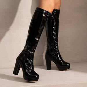 Petite Feet Chunky Heel Under Knee Patent Boots MS153