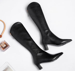 Petite Feet Pointy Chunky Mid Heel Long Boots MS210
