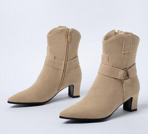 Petite Feet Pointy Chunky Mid Heel Suede Short Boots MS284