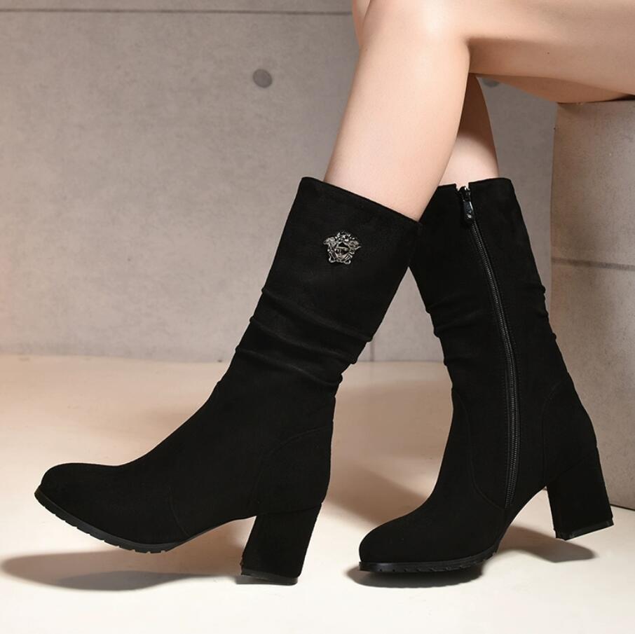 black mid calf dress boots Pointed-Toe Wide Stiletto With Studs, Black / 8.5 Want a quick stylish outfit Petite Mid Calf Chunky Heel