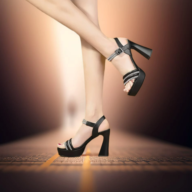 Petite Open Toe Leather Heels With Rhinestone Strap TS399