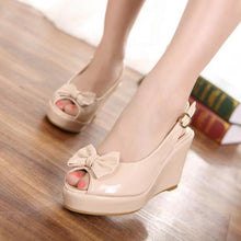 Petite Peep Toe Patent Wedge Heels With Bow Tie ES106