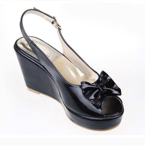 Petite Peep Toe Patent Wedge Heels With Bow Tie ES106