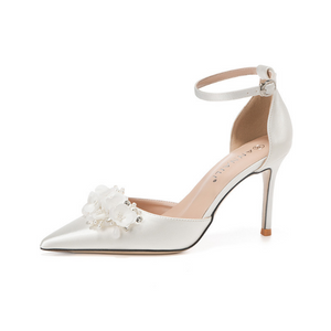 Petite Pointed Ankle Strap White Satin Heels MS517