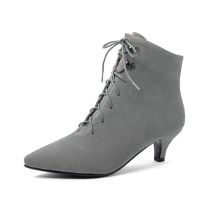 Petite Pointed Toe Lace Up Suede Low Heel Booties MS275