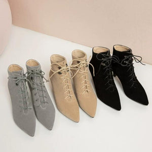 Petite Pointed Toe Lace Up Suede Low Heel Booties MS275