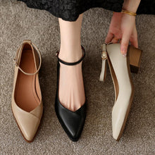 Petite Pointy Block Ankle Strap Leather Shoes MS116