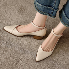 Petite Pointy Block Ankle Strap Leather Shoes MS116