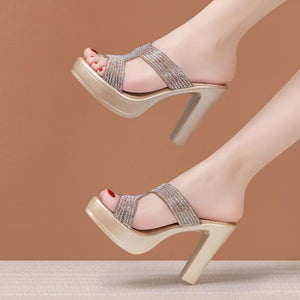 Petite Rhinestone Strap Peep Platform Chunky Heel Sandals MS361