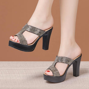 Petite Rhinestone Strap Peep Platform Chunky Heel Sandals MS361