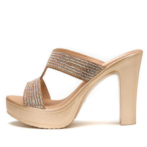 Petite Rhinestone Strap Peep Platform Chunky Heel Sandals MS361