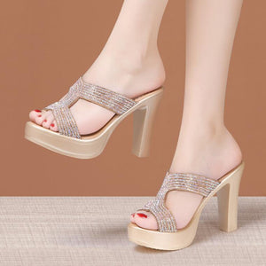 Petite Rhinestone Strap Peep Platform Chunky Heel Sandals MS361