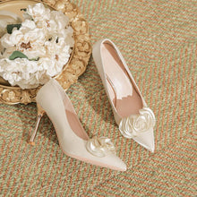 Petite Size Beige Silk Satin High Heels With Flower Bow MS268