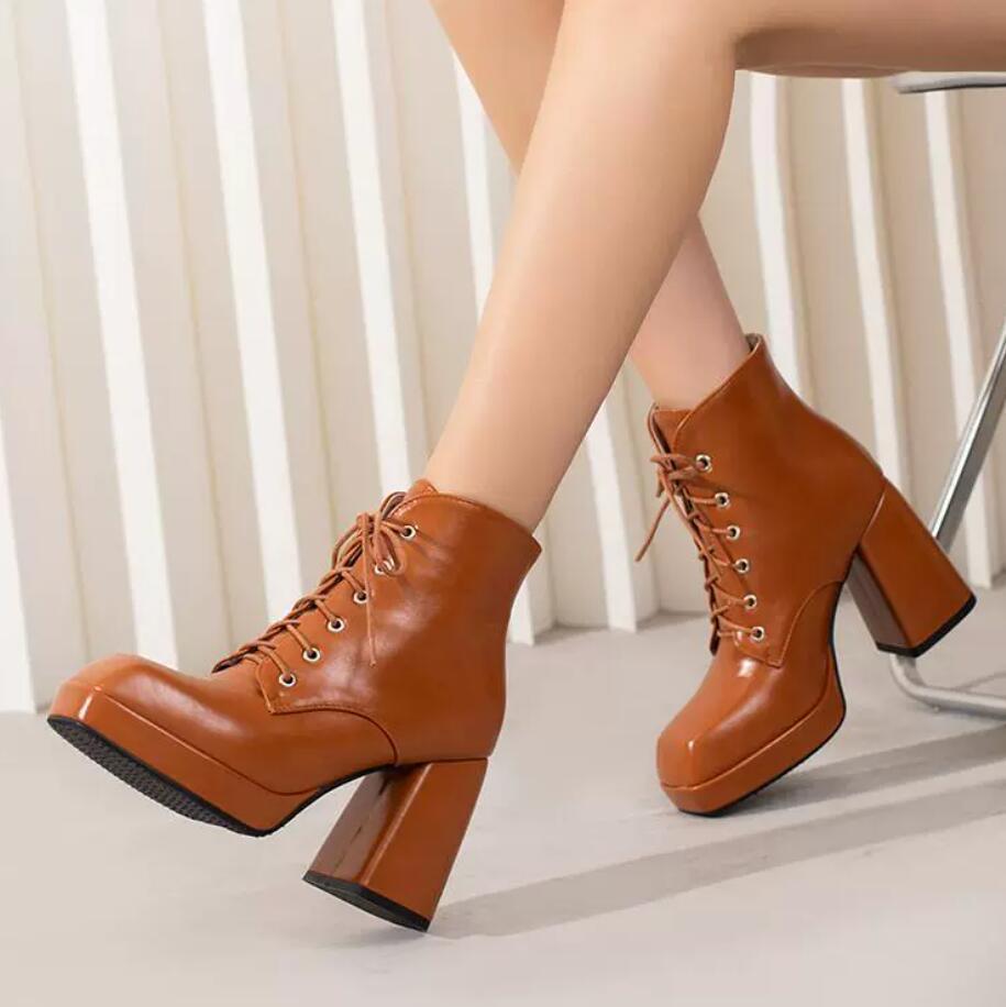 dress boots for petite women Petite Size Square Toe Chunky High Heel Short Boots MS195 US3(eu33)=UK1(215mm) / brown