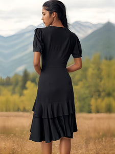 Petite V Neck Black Mini Dress PCD37