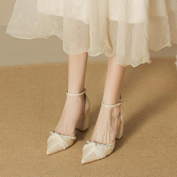 Small Feet Beige Satin Ankle Strap Chunky Heels FS179 - AstarShoes