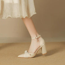 Small Feet Beige Satin Ankle Strap Chunky Heels FS179