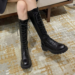 Small Feet Lace Up Block Heel Calf Boots TS230