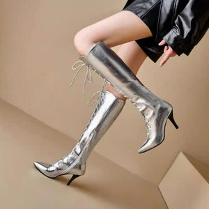Small Feet Pointy High Heel Lace Up Long Boots TS78