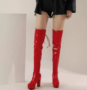 Small Feet Women's Chunky High Heel Patent Long Boots MS152