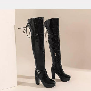 Small Feet Women's Chunky High Heel Patent Long Boots MS152