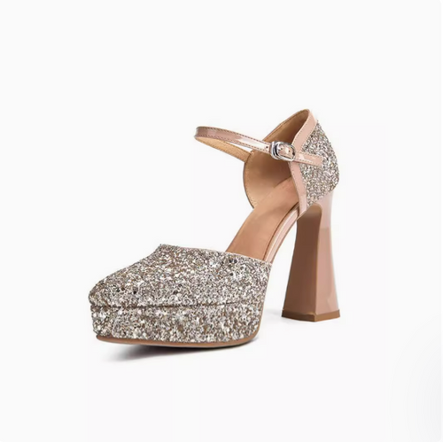 Small Glitter Closed Ankle Strap Chunky Heels TS407