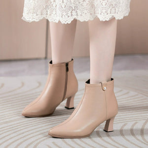 Small Size Chunky Side Zipper Leather Boots FS63