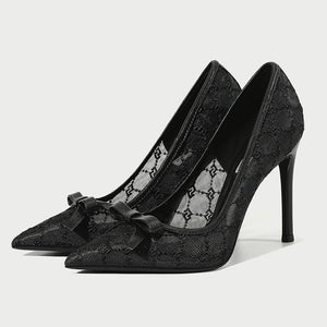 Small Size Lace Mesh Dress Heels With Bow (3/6/8/10cm heel)GS374