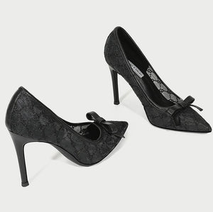 Small Size Lace Mesh Dress Heels With Bow (3/6/8/10cm heel)GS374