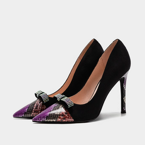 Small Size Printed Leather Toe Heels With Bow FS25