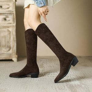 Women's Back Zipper Block Heel Under Knee Boots FS213