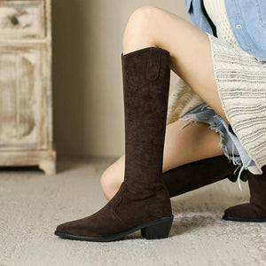 Women's Back Zipper Block Heel Under Knee Boots FS213