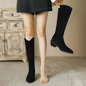 Women's Back Zipper Block Heel Under Knee Boots FS213