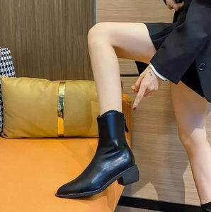 Women's Block Heel Back Zipper Leather Short Boots TS266