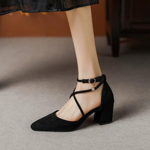 Women's Cross Strap Chunky Heel Suede Shoes FS199