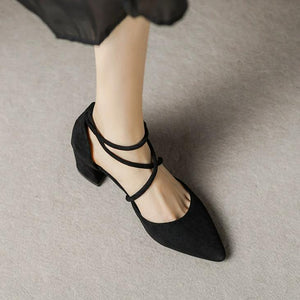 Women's Cross Strap Chunky Heel Suede Shoes FS199
