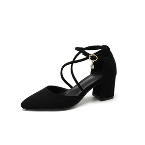 Women's Cross Strap Chunky Heel Suede Shoes FS199
