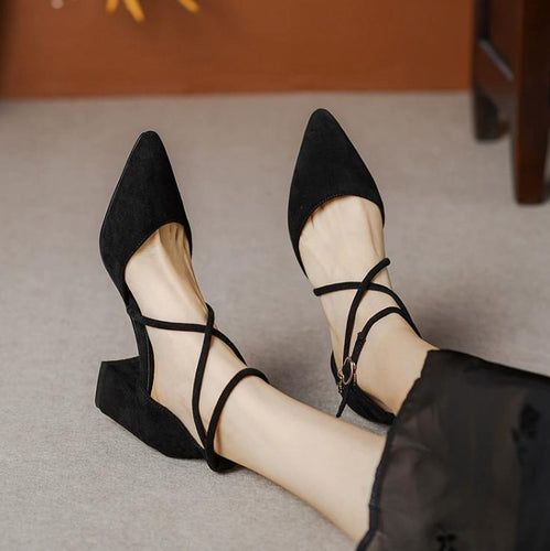 Women's Cross Strap Chunky Heel Suede Shoes FS199