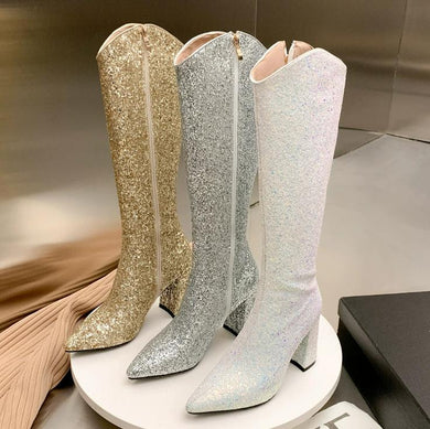 Women's Glitter Under Knee High Heel Boots FS298